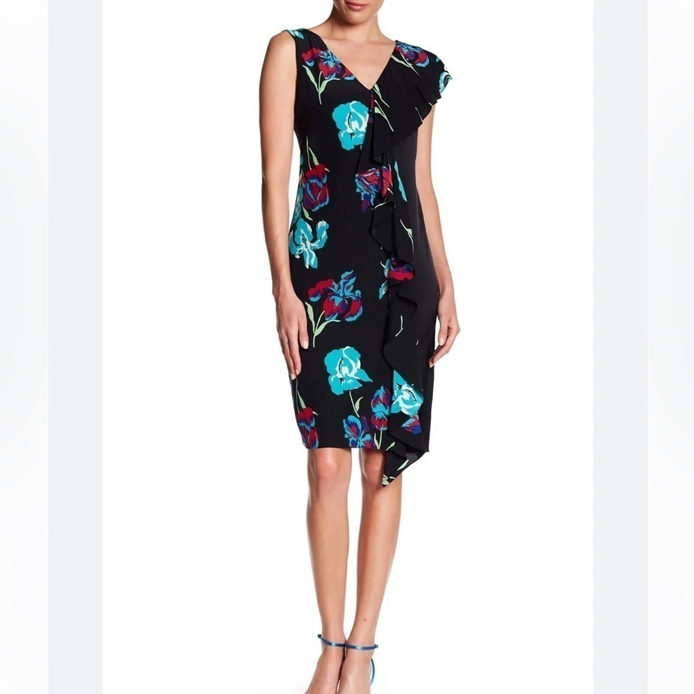 Diane Von Furstenberg Black, Turquoise, Red Floral Ruffle Dress